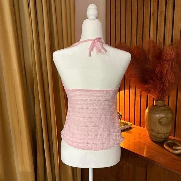 00s Style Leg Avenue Pink Sheer Striped Halter Neck Crop Top Size X-Small - Picture 3 of 6